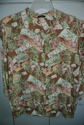 Loco Lido Womens Medium  African Postcards & Flora on Brown Rayon Crepe L/S/Nice