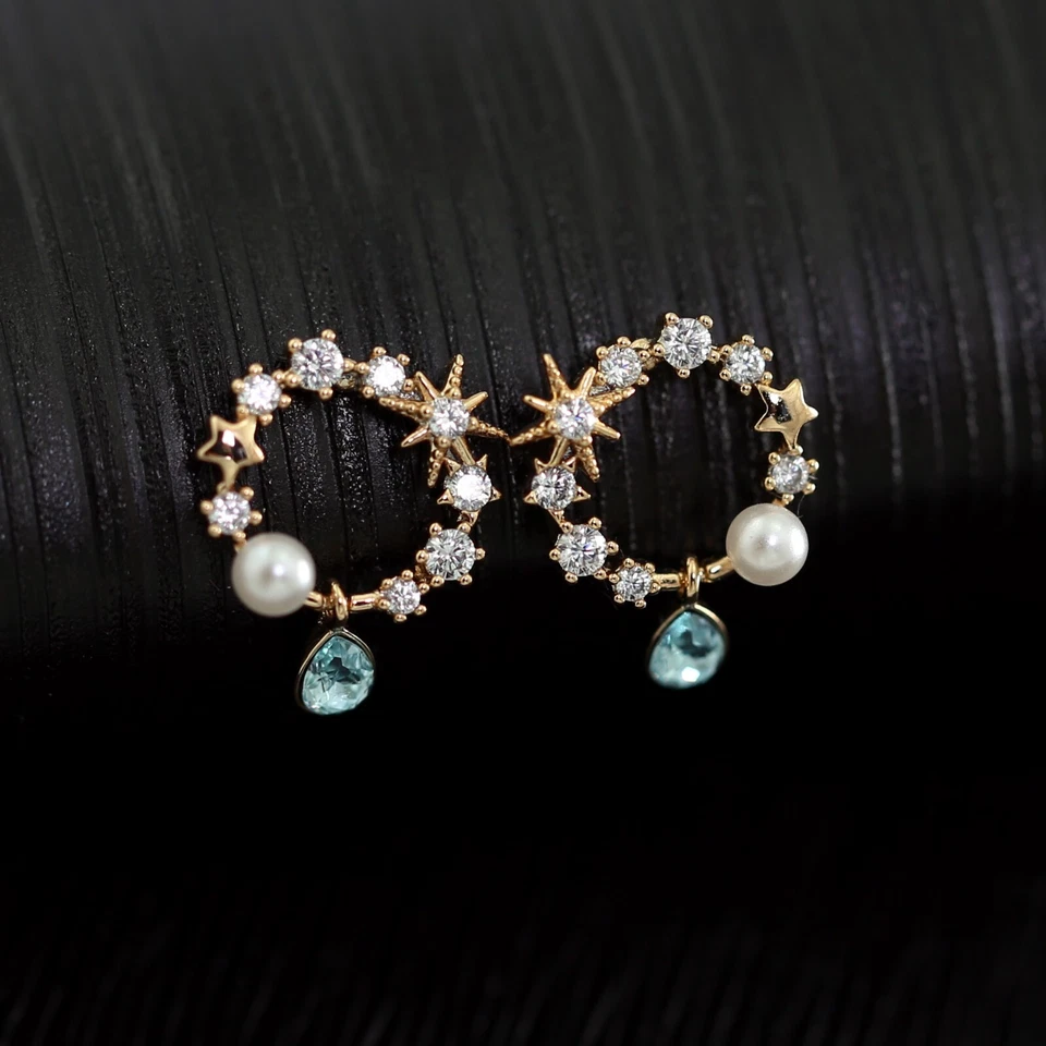 18K Rose Gold GF Stars & Pearl Moon Aquamarine Droplet Circle Stud EARRINGS Gift Foto 3 de 4