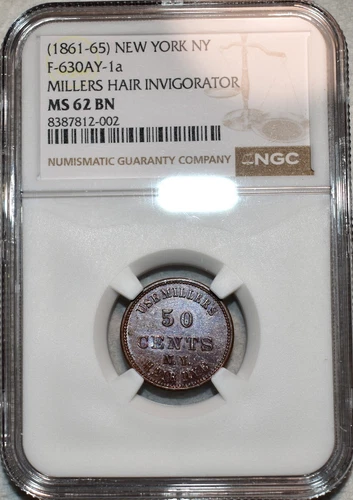 NGC MS-62 BN Miller's Hair Invigorator & Hair Dye Civil War Token, NY-630AY-1a