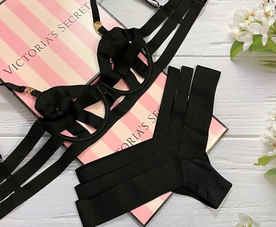 Victoria's Secret Luxe Lingerie Banded Strappy Demi Bra 2Pc Set Black 