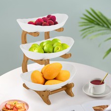 3-Tier Ceramic Serving Bowls Bamboo Wood Stand Porcelain Fruit Bowl