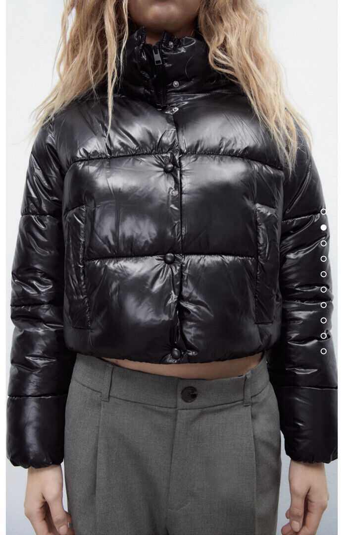 Zara TRF High Neck Crop Puffer Jacket Coat Shiny Black Warm Zara TRF High Neck Crop Puffer Jacket Coat Shiny Black Warm