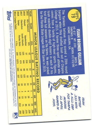 2019 Topps Heritage Minor League Isiah Gilliam #19 - Picture 2 of 2