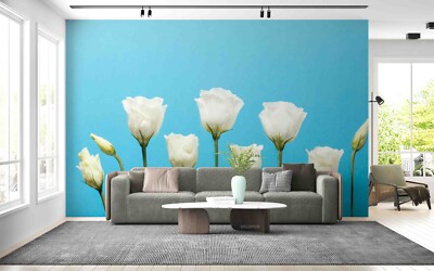 3D White Rose Blue Background Wallpaper Wall Murals Removable Wallpaper