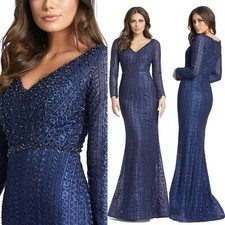 Mac Duggal Midnight Blue Long Sleeve Lace Embellished Trumpet Gown Size 14 598