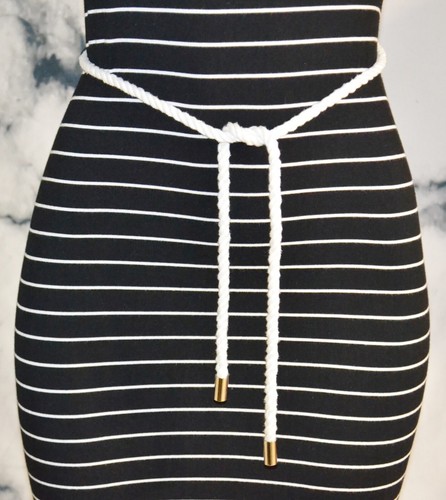 CALVIN KLEIN Black White Striped Stretch Jersey Dress 2 with Rope Belt Unlined - Picture 3 of 10