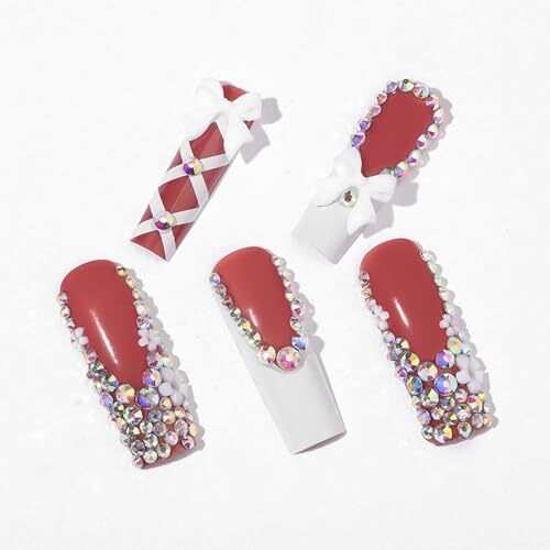 White French Press on Nails Long Square Fake Nails Glossy C-16White Bouquet - Afbeelding 7 van 7