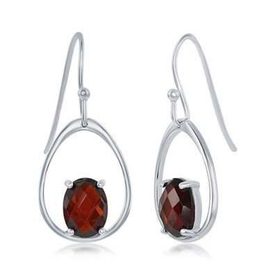 Classic Women's Earrings Sterling Silver Open Pear Shaped Four Prong Red Garnet