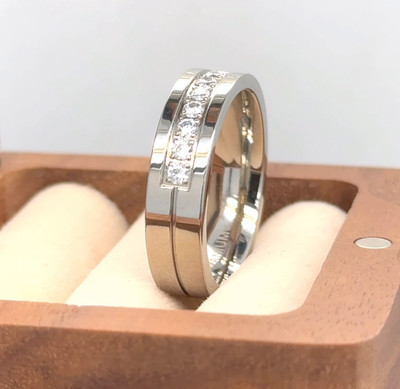 Cubic Zirconia Inlay Turkey Day Gift Ring 6mm Domed Silver Titanium Wedding Band