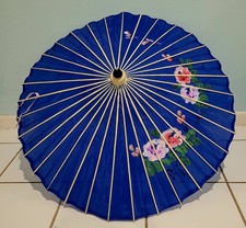 Blue Hand Painted Asian Umbrella Parasol Chinese, Japanese, Floral Pattern