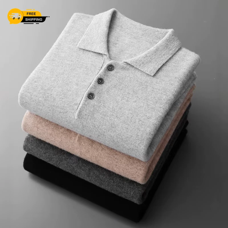 Men's Merino Wool Sweater Polo Collar Pullover Autumn Winter New Cashmere Knitwe
