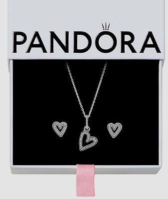 New Pandora Sparkling Heart Necklace & Earrings Gift Set with Box