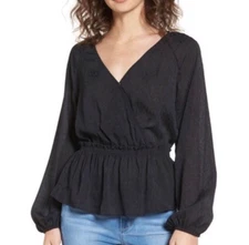 Leith Faux Wrap Blouse Top Womens S Black Crepe Peplum V Neck Raglan Long Sleeve