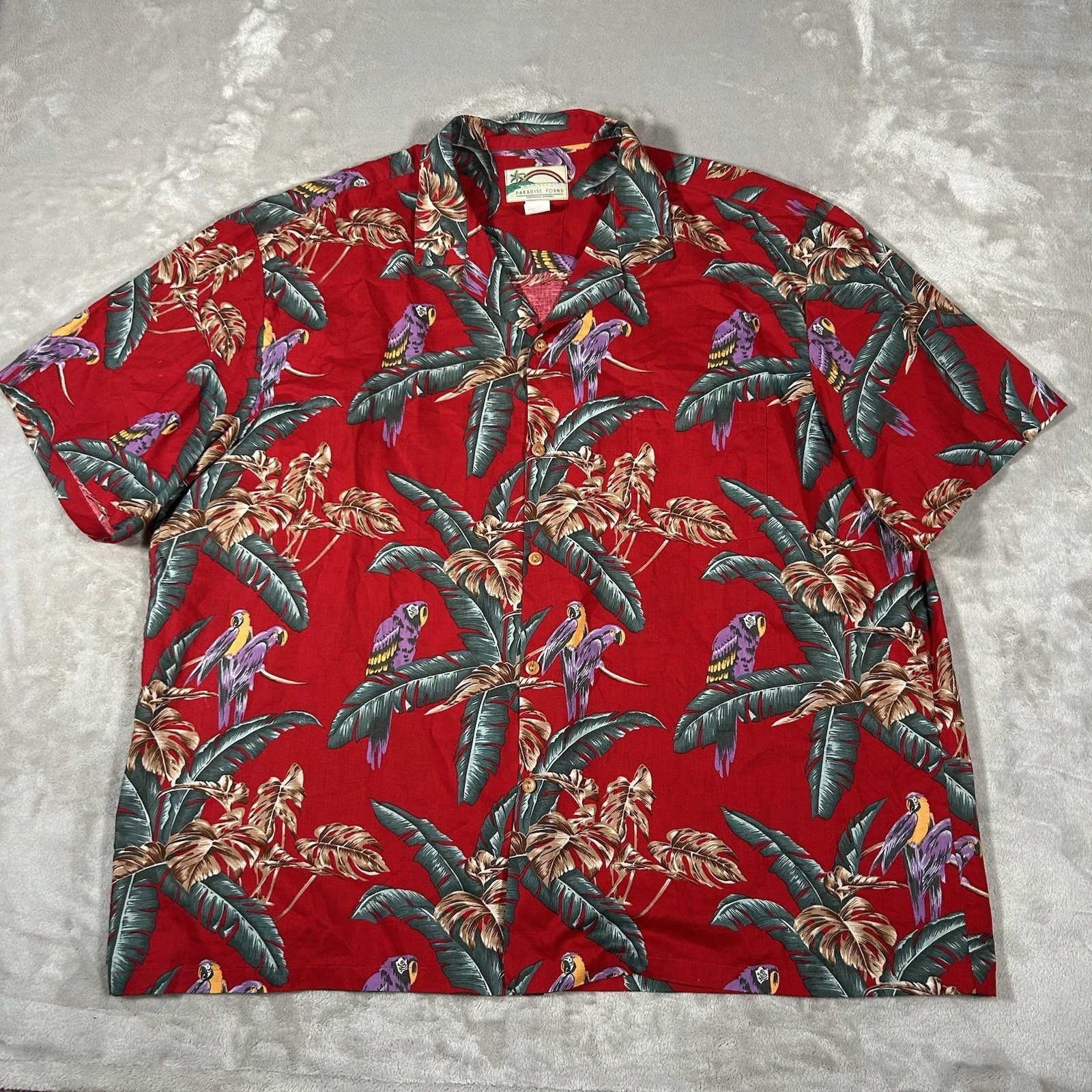 VTG Paradise Found Shirt Mens 3XL Red Jungle Bird Magnum PI Hawaiian Made In USA