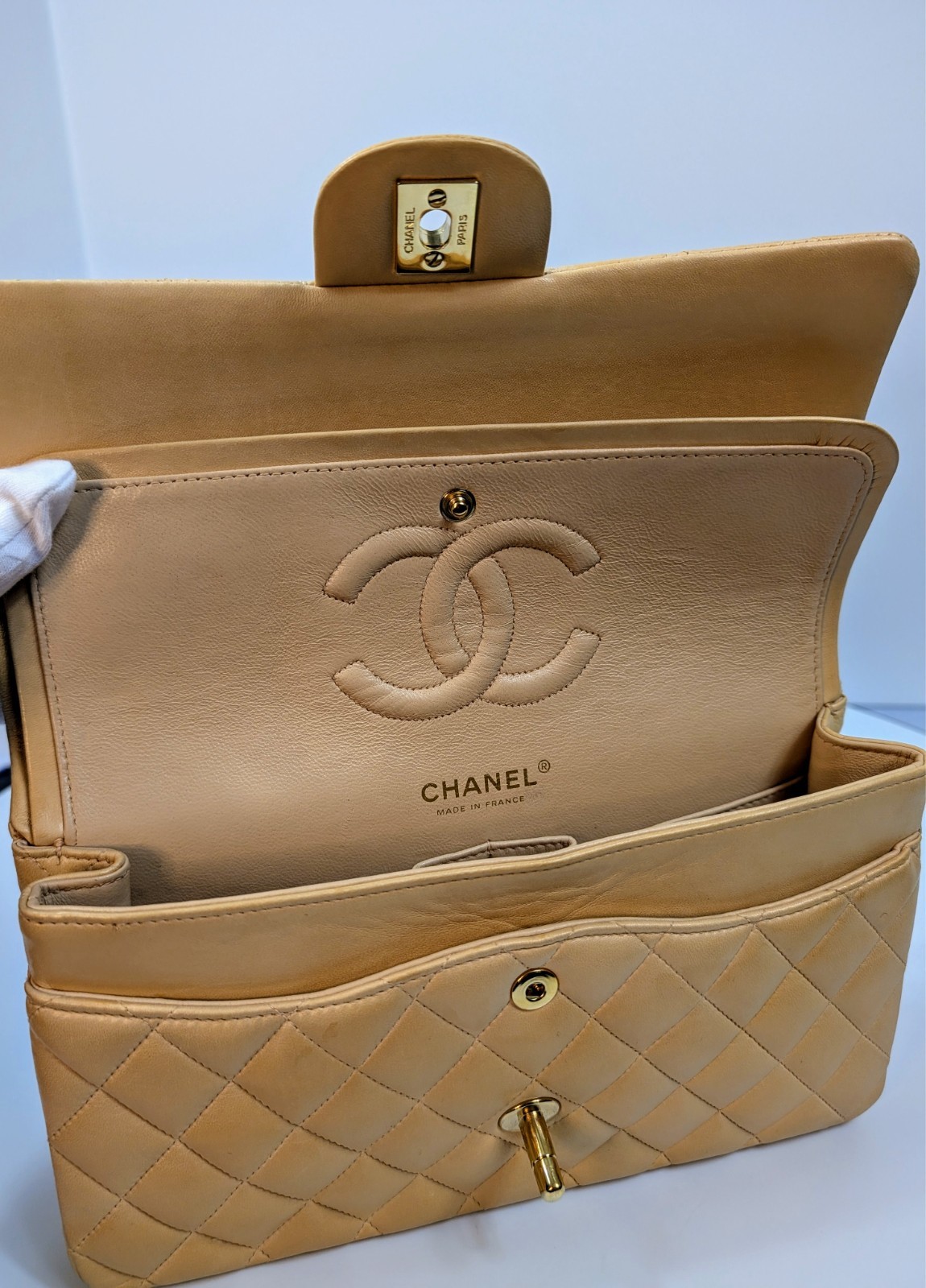 Chanel Vintage Pale Yellow/Cream Lambskin Classic Double Flap Bag (24k Plated) image 10