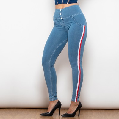 Shascullfites Melody White Thread Light Blue Striped Lift Jeggings Button Up