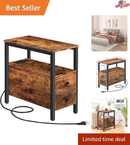 Rustic Nightstand with Charging Station - 2 Drawers - USB Ports & Power Outlets