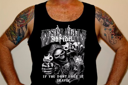 AUSTRALIAN INFIDEL SINGLET IF YOU DON'T LOVE IT LEAVE BIKER SKULL WITH HAND GUNS - Picture 2 of 3