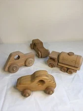 4 Piece Lot WOODEN HANDCRAFTED VEHICLE TOYS  1 Gas Truck 3 Cars Unpainted