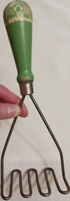 Antique Farmhouse Green & White Wood Handled Potato Masher - Unique Find!