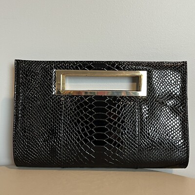 Hoxis Black Shiny Faux Crocodile Leather Clutch Purse Detachable Strap New