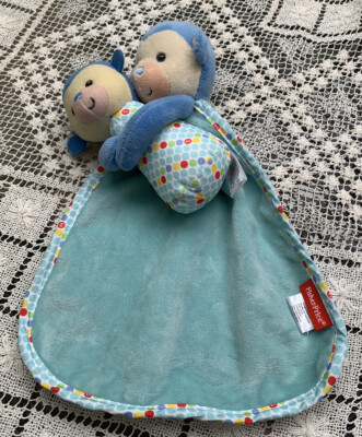 Fisher Price Blue Monkey Baby Security Blanket & Plush Rattle Set Crib Toy