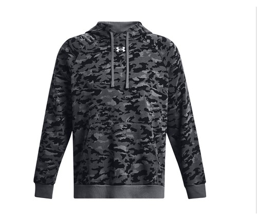 Under Armour Rival Felpa con Cappuccio Mimetica in Pile Nero/Grigio con Tasca Uomo Taglia Large - Foto 12 di 13