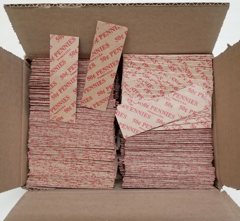 1000 Coin Wrappers FLAT Tubular Paper Rolls for PENNIES Each roll holds 50 cents