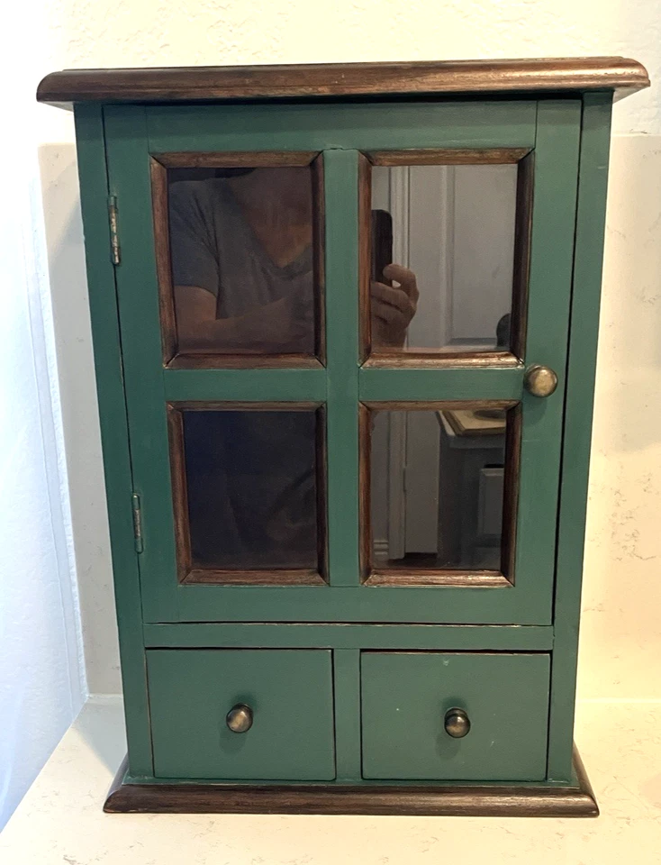 Green Vintage 19.5" Wood & Glass Wall or Countertop Spice/Tea/Multi-Use Cabinet - Image 2 of 4