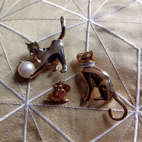 3 X Gold Tone Cat Brooch Bundle