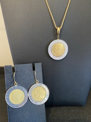 14k Gold 925 Italy Milor Lira Coin Republica Italy Pendant Necklace Earring Set