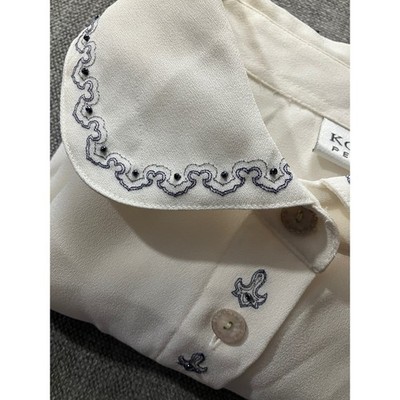 Koret Petites White Embroidered Beaded Button Down Blouse Navy Blue Size 14