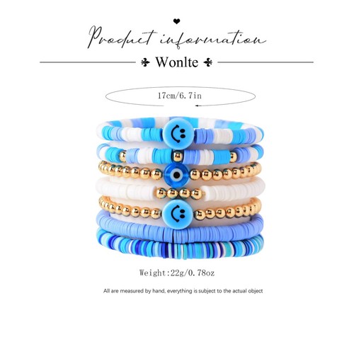 Surfer Heishi Bracelets Set Colorful Preppy Smile Evil Eye Beaded Stretch Bracel - Picture 6 of 6