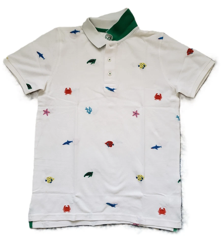 Mini Boden NEW Boy's Pique Polo Shirt in White Sea Creatures Sizes 5-6, 13-14 Y - Image 2 of 4