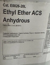 Ethyl Ether ACS Anhydrous E0026-20L  . New Sealed Metal Can