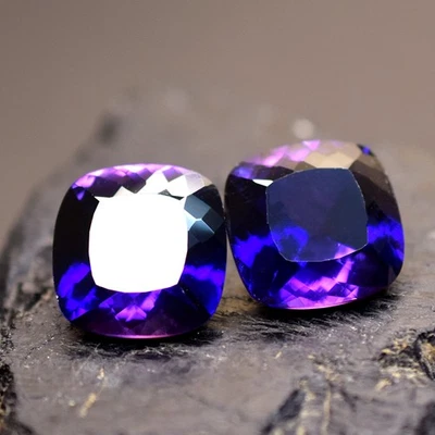 CERTIFIED 29.55 Ct Treated Purple Tanzanite Square Cushion Pair Natural Gems - Image 1 of 4