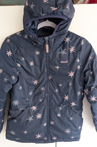 Patagonia Girls Hooded Reversible Puffer Jacket Navy Stars Youth L Pockets EUC - Afbeelding 3 van 11