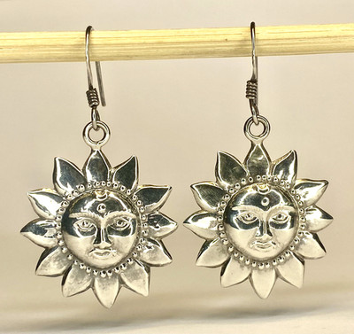 Vintage 925 Sterling Silver Burning Man Summer Sun Dangle Drop Earrings