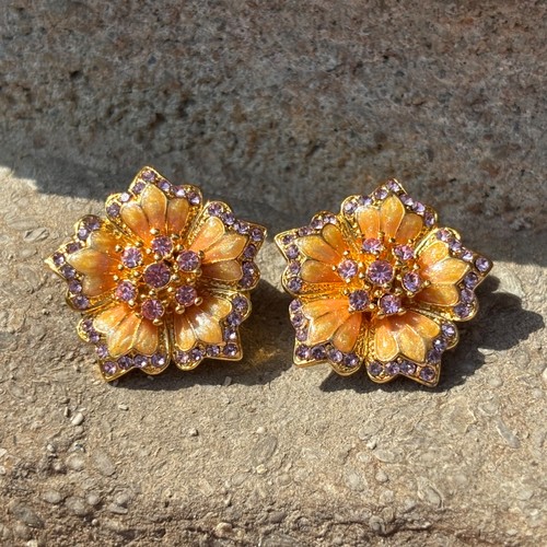 Joan Rivers Classics Gold Tone Enamel Purple Crystal Flower Clip On Earrings