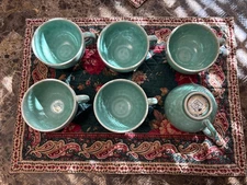 1 JARS FRANCE TOURRON JADE Coffee Cups Ceramic Turquoise Teal Green
