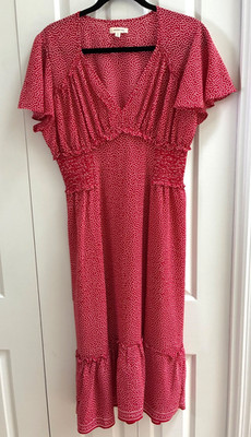 NWOT Max Studio Red &  White Polka Dot Midi Dress Short Sleeve Smocked Womens L