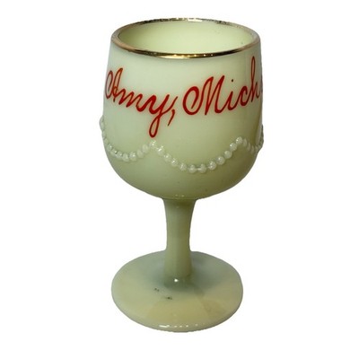 AMY , MICHIGAN MI Uranium Antique Custard Glass Souvenir Trinket CUP GOBLET