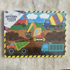 NEW Real Wood Toys Wooden Puzzle Construction Trucks 5 Piece Puzzle Ages 2 