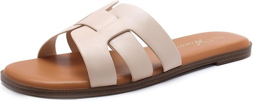 Women's Flat Sandals Dressy Summer Square Open Toe Slip On Leather Slide Sandals - Picture 14 of 31