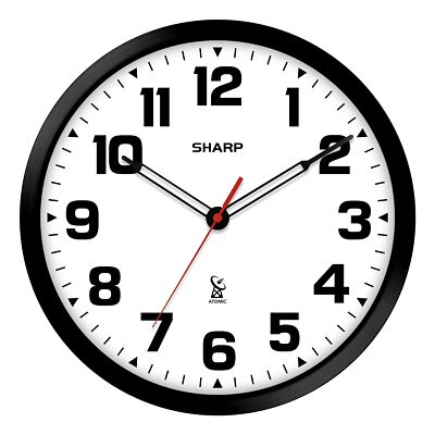 Sharp Atomic Analog Wall Clock - 12'' Black Stylish Frame - Sets Automatically- B