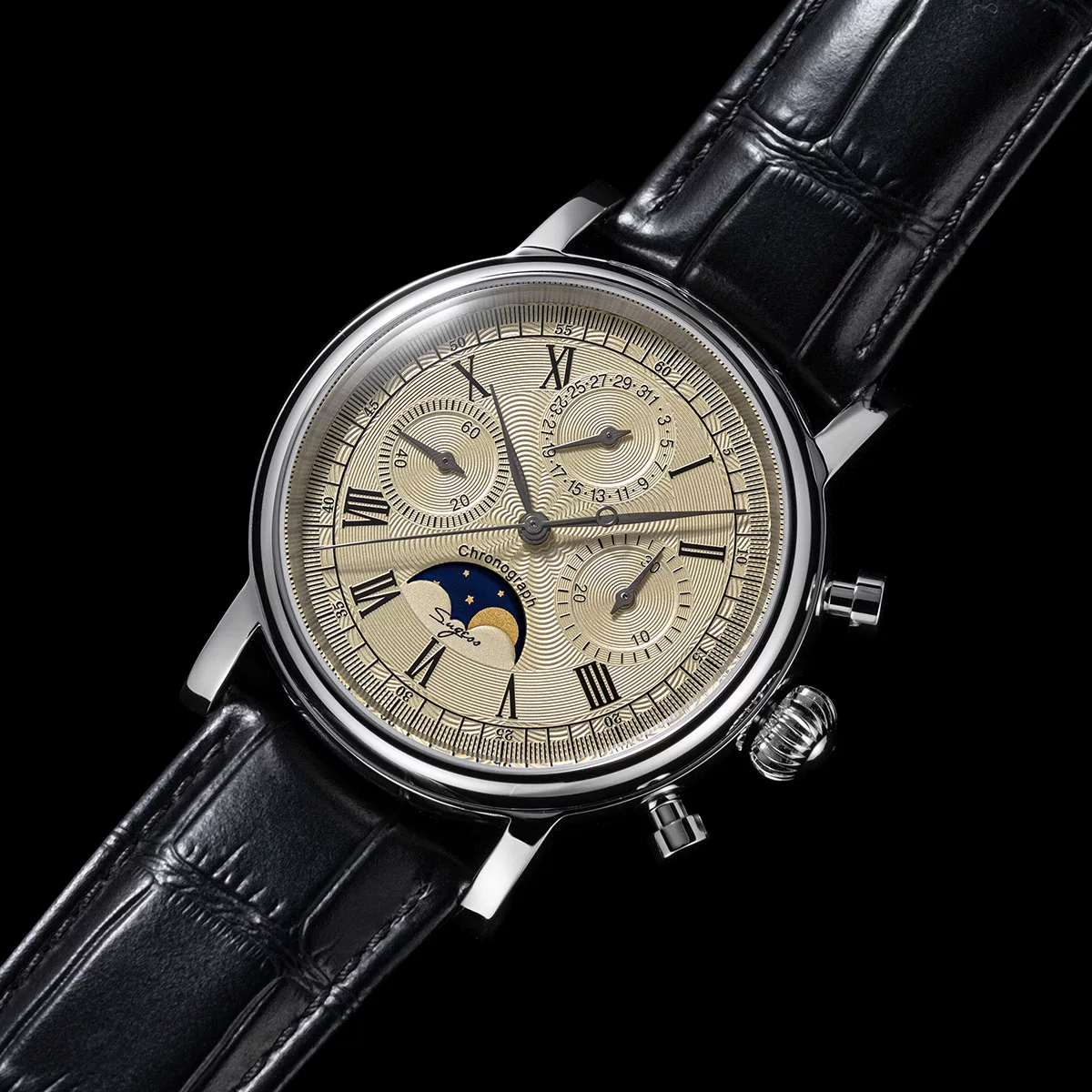 Master Chronograph Watch New Seagull 1963 Sugess Gold SWAN NECK MoonPhase