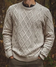 Young Men's Pullover Fisherman's Sweater Light Beige Cableknit  Cotton Blend