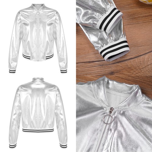 Kids Shiny Metallic Baseball Jackets Long Sleeve Zipper Outerwear Costume - Picture 3 of 75