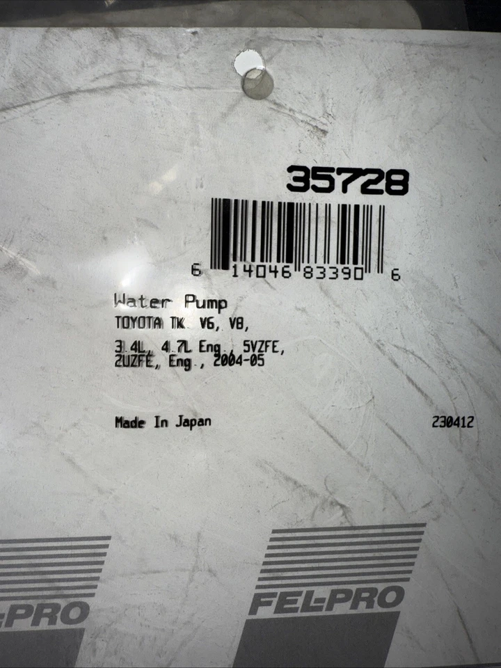 Junta da bomba de água líquido de arrefecimento do motor Fel-Pro 35728 para Toyota Tacoma 2004 conjunto de 3 - Imagem 3 de 3