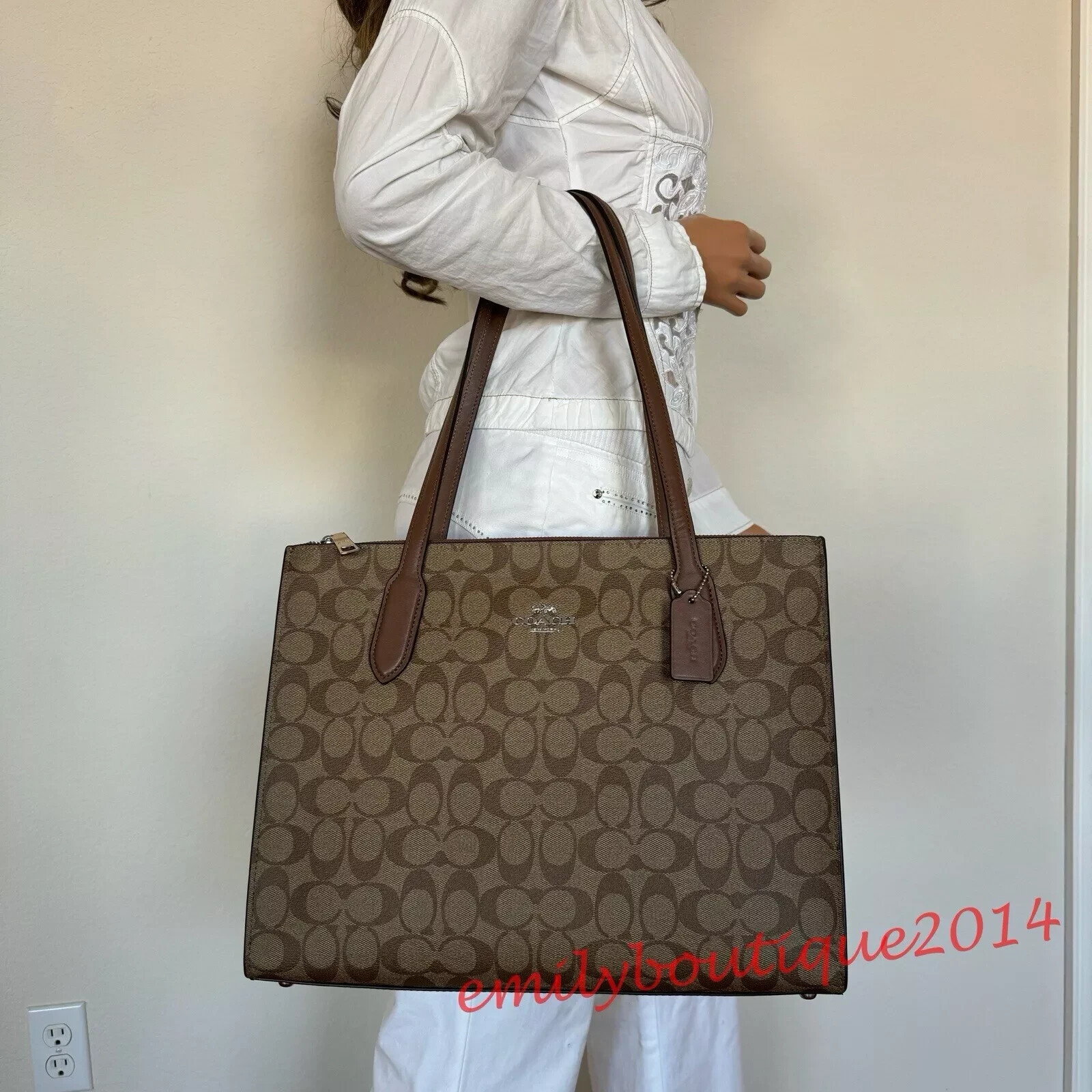 Coach CL399 Nina Signature Tote Khaki Saddle Brown Leather Large Shoulder Bag